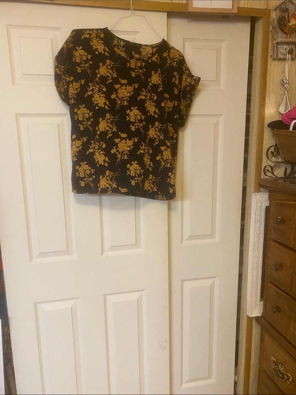 Source Unknown Black Top with Mustard Floral Print